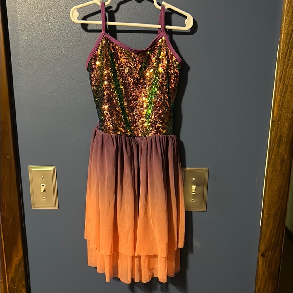 Vibrant Purple and Orange Dance Costume with Sequined Bodice